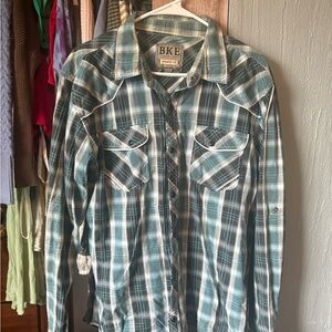 BKE Men's Teal and White Plaid Button Down Shirt